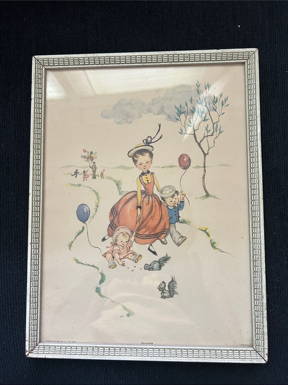 Cute Vintage Illustration Wall Art - Children with Balloons. Framed with glass.